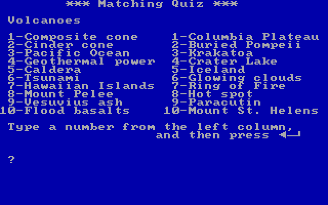 Volcanoes IBM PC/Compatibles Screenshot: The matching quiz game.