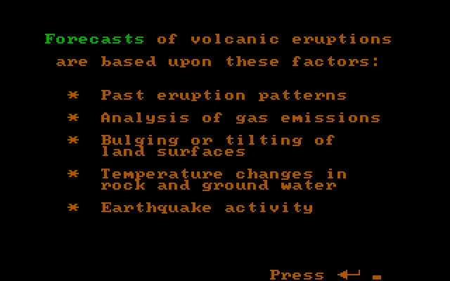 Volcanoes IBM PC/Compatibles Screenshot: Volcanic erruption forecasts.
