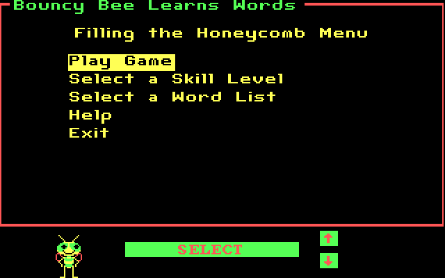 Bouncy Bee Learns Words IBM PC/Compatibles Screenshot: Filling the Honeycomb game menu.