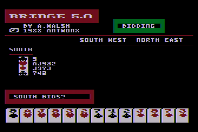Bridge 5.0 Atari 8-bit Screenshot: Game start.