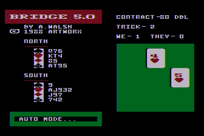 Bridge 5.0 Atari 8-bit Screenshot: The game features an auto play mode...