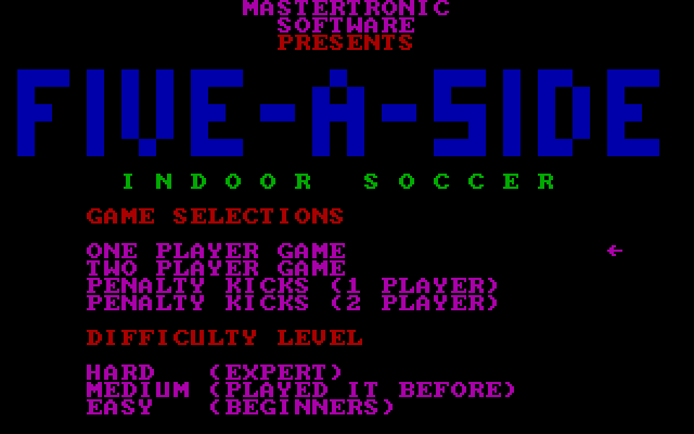 Five-a-Side Soccer IBM PC/Compatibles Screenshot: Main menu.