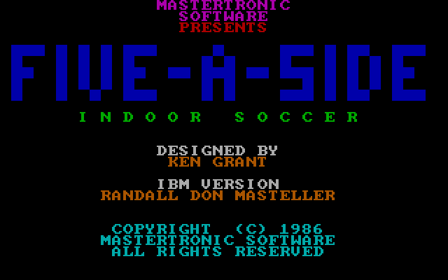 Five-a-Side Soccer IBM PC/Compatibles Screenshot: Title and game credits.