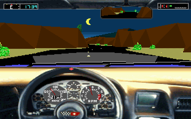 Test Drive III: The Passion IBM PC/Compatibles Screenshot: Driving through a canyon at night.