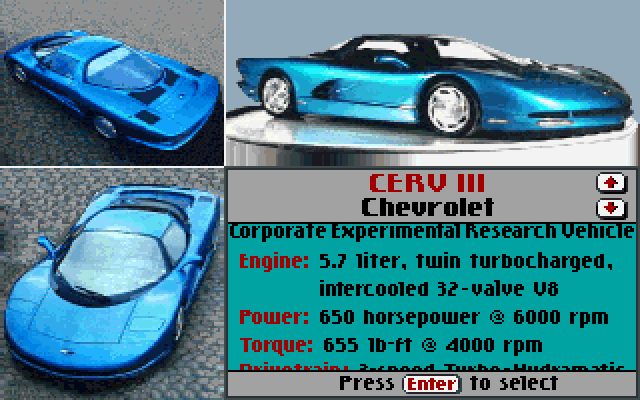 Test Drive III: The Passion IBM PC/Compatibles Screenshot: About the Chevrolet Cerv III.