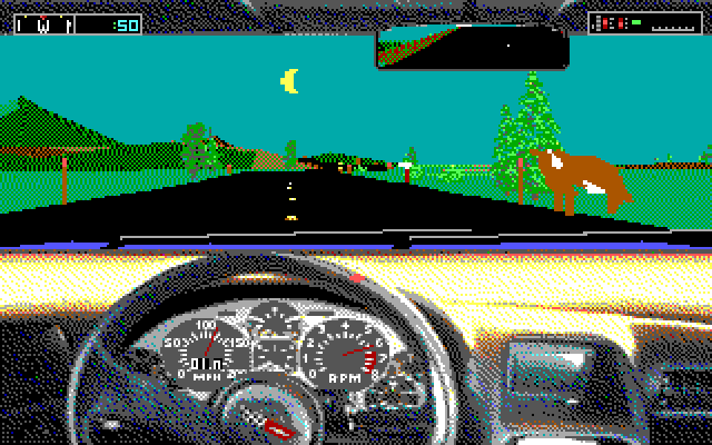 Test Drive III: The Passion IBM PC/Compatibles Screenshot: Don't crash into cows or trees!