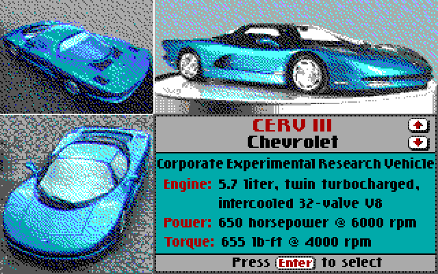 Test Drive III: The Passion IBM PC/Compatibles Screenshot: About the Chevrolet Cerv III.