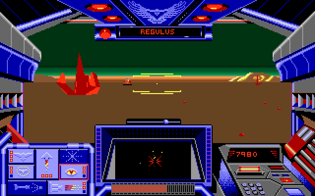 Stellar 7 Amiga Screenshot: Is that an obstacle on the left, or an enemy? Hard to tell...
