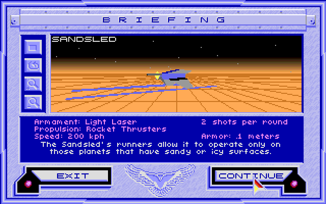 Stellar 7 Amiga Screenshot: Mission briefing...the sandsled.
