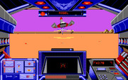 Stellar 7 for Amiga - A large, flying, end of level boss approaches.