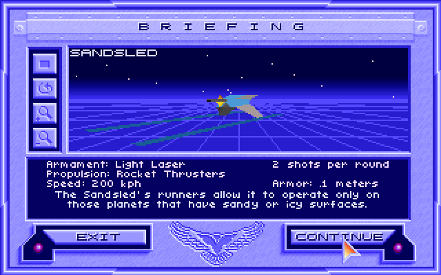 Stellar 7 IBM PC/Compatibles Screenshot: Mission briefing; about the sandsled.