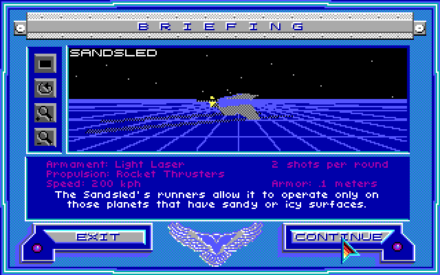 Stellar 7 IBM PC/Compatibles Screenshot: Mission briefing; about the sandsled.