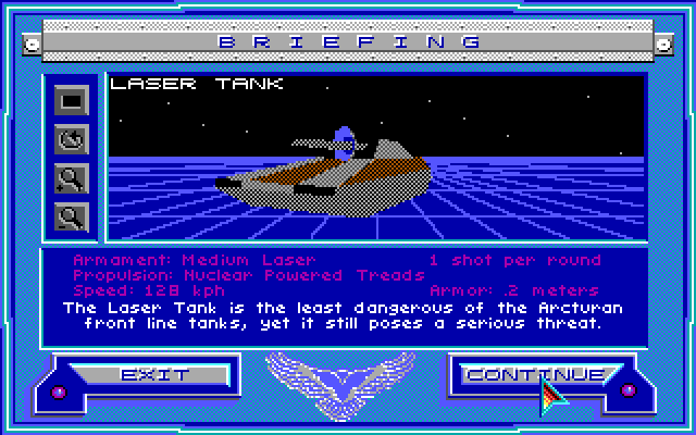 Stellar 7 IBM PC/Compatibles Screenshot: Mission briefing; laser tanks are a little bit tougher.