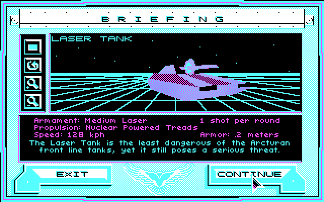 Stellar 7 IBM PC/Compatibles Screenshot: Mission briefing; the laser tank is tougher.