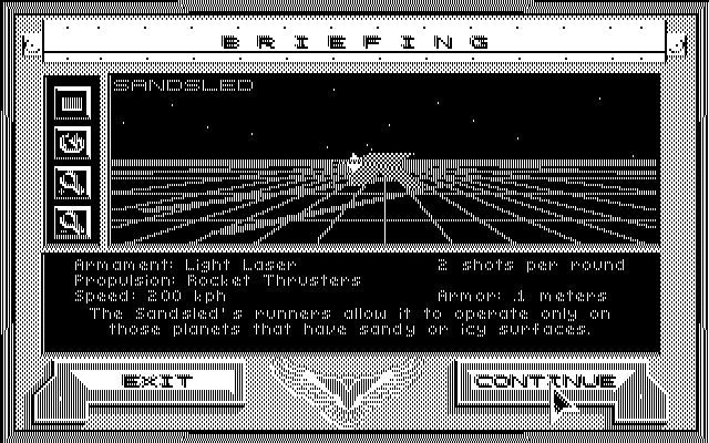 Stellar 7 IBM PC/Compatibles Screenshot: Mission briefing; about the sandsled.