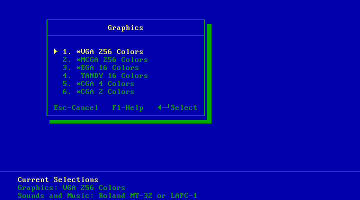Stellar 7 IBM PC/Compatibles Screenshot: Graphics card selection.