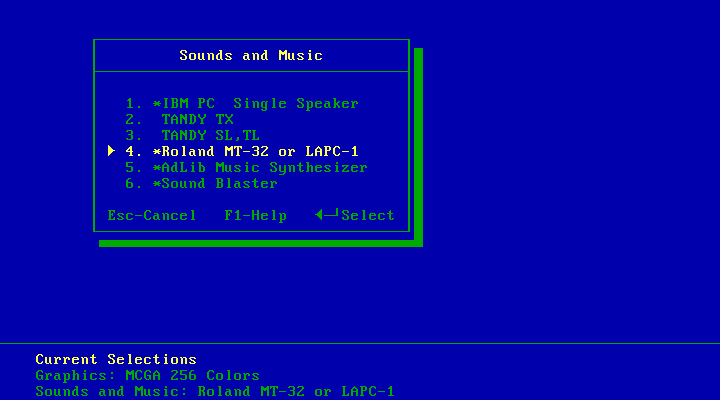Stellar 7 IBM PC/Compatibles Screenshot: Sound card selection.