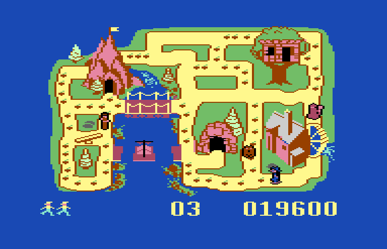 The Chase on Tom Sawyer's Island Commodore 64 Screenshot: Beginning on level 3 the bear begins chasing you.