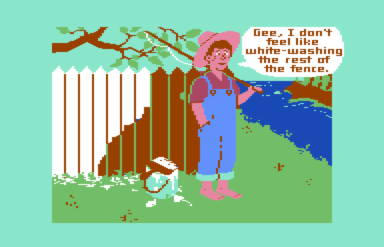 The Chase on Tom Sawyer's Island Commodore 64 Screenshot: Introduction; there are more fun things to do than white wash the fence!