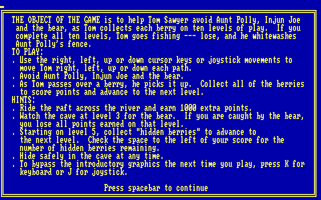 Chase on Tom Sawyer's Island, The IBM PC/Compatibles Screenshot: Game instructions.