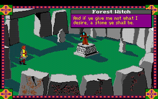 Conquests of Camelot: The Search for the Grail Amiga Screenshot: Introducing the forest witch! Be careful here...
