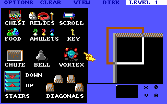 Demon Stalkers IBM PC/Compatibles Screenshot: Level editor; Select an object to place in the maze.