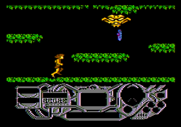 Rad Warrior Apple II Screenshot: There are some strange enemies, including this one dropping bombs...