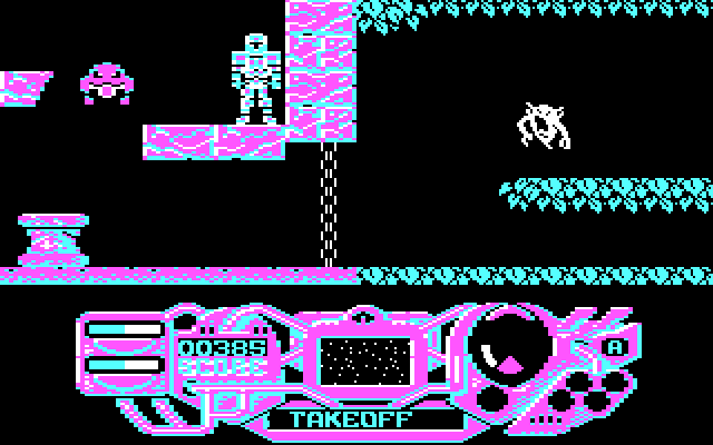 Rad Warrior IBM PC/Compatibles Screenshot: Found the suit, but gravity is preventing takeoff.