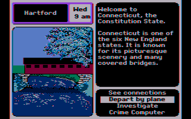 Where in the U.S.A. is Carmen Sandiego? IBM PC/Compatibles Screenshot: Each destination first provides a brief overview.