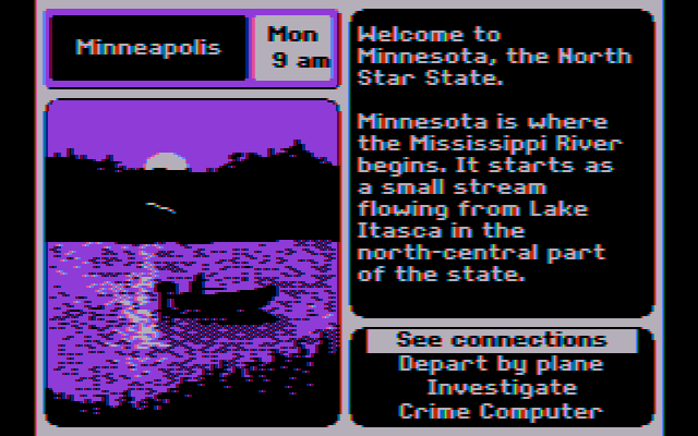 Where in the U.S.A. is Carmen Sandiego? IBM PC/Compatibles Screenshot: This case begins in Minesotta.