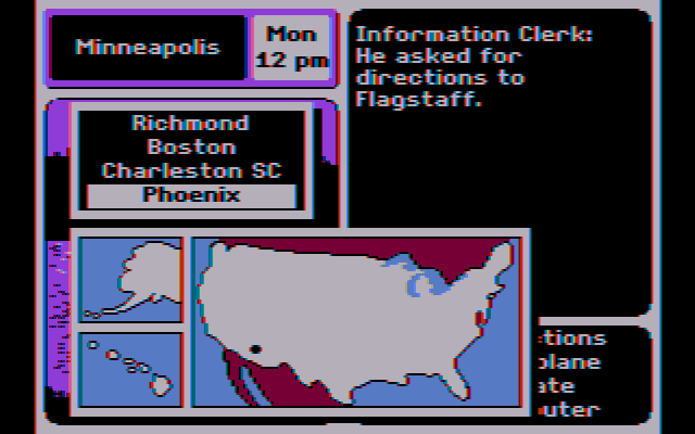 Where in the U.S.A. is Carmen Sandiego? IBM PC/Compatibles Screenshot: Choose a destination to fly to.