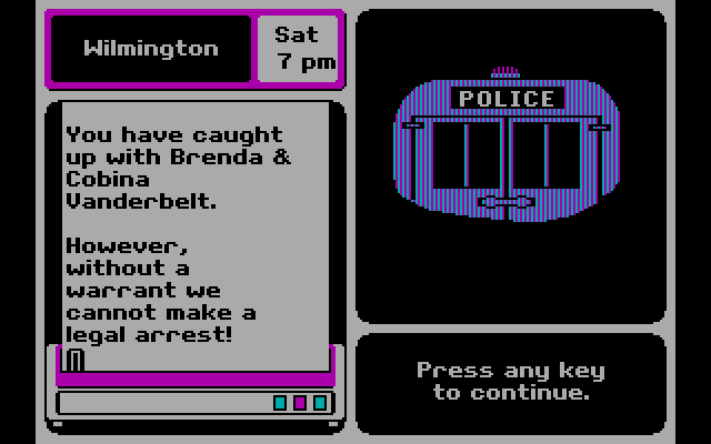Where in the U.S.A. is Carmen Sandiego? IBM PC/Compatibles Screenshot: Oops, need a warrant to make an arrest.