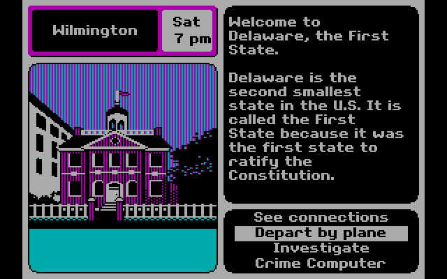 Where in the U.S.A. is Carmen Sandiego? IBM PC/Compatibles Screenshot: Welcome to Delaware!