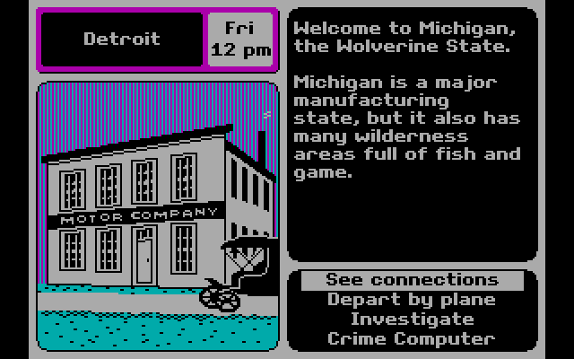 Where in the U.S.A. is Carmen Sandiego? IBM PC/Compatibles Screenshot: Arrived in Michigan.