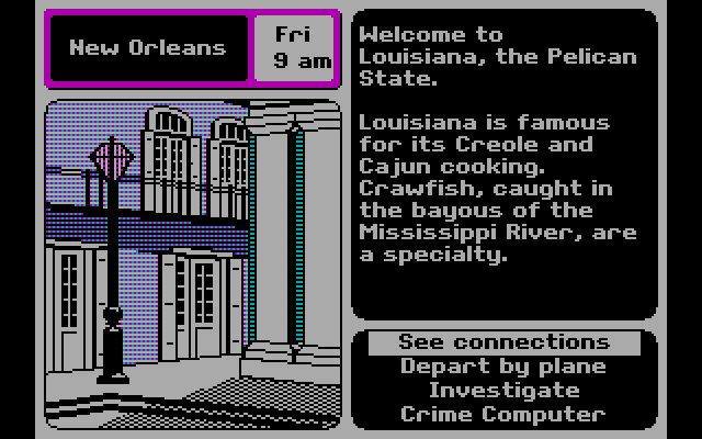 Where in the U.S.A. is Carmen Sandiego? IBM PC/Compatibles Screenshot: Begin the investigation in New Orleans.
