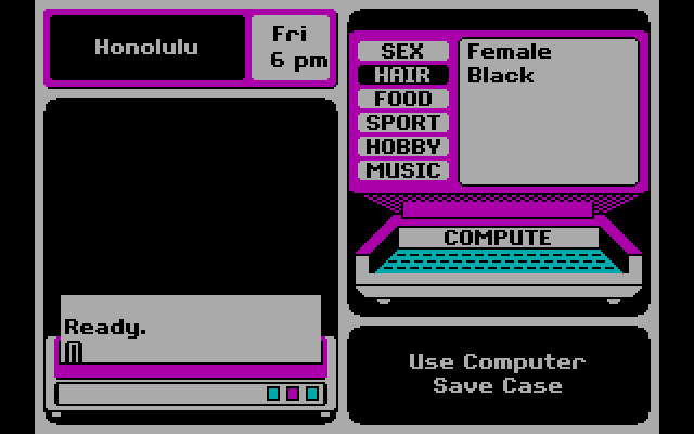 Where in the U.S.A. is Carmen Sandiego? IBM PC/Compatibles Screenshot: Use the crime computer to keep track of suspects.