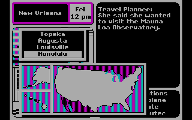 Where in the U.S.A. is Carmen Sandiego? IBM PC/Compatibles Screenshot: Take a plane to the next location you want to investigate.