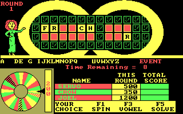 Wheel of Fortune IBM PC/Compatibles Screenshot: Spin, buy a vowel, or solve the puzzle?