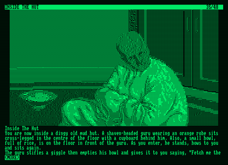 Pawn, The Amstrad PCW Screenshot: Inside a hut; there is a guru here!