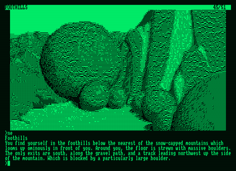 Pawn, The Amstrad PCW Screenshot: Some boulders block the path...