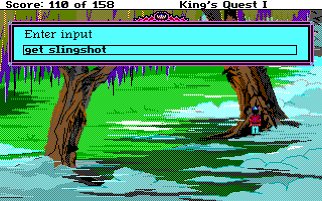 Roberta Williams' King's Quest I: Quest for the Crown IBM PC/Compatibles Screenshot: Huh, someone left a slingshot up here...