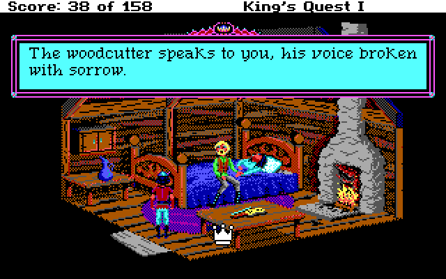 Roberta Williams' King's Quest I: Quest for the Crown IBM PC/Compatibles Screenshot: The woodcutter has fallen on tough times...