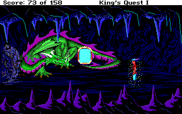 Roberta Williams' King's Quest I: Quest for the Crown IBM PC/Compatibles Screenshot: A dragon! Even the fairy godmother's magic spell won't protect me from this creature!