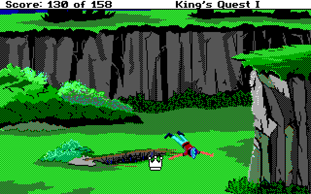 Roberta Williams' King's Quest I: Quest for the Crown IBM PC/Compatibles Screenshot: Oof, a crash landing...