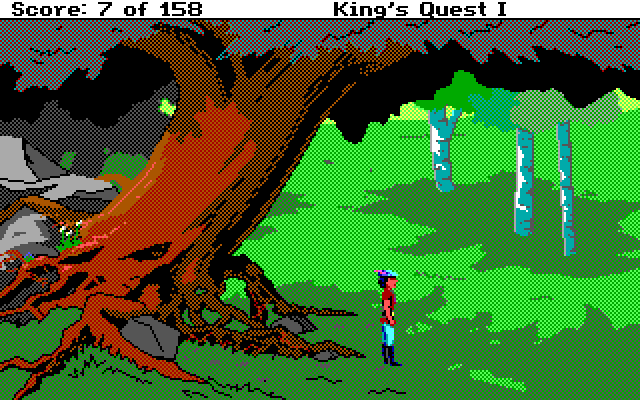 Roberta Williams' King's Quest I: Quest for the Crown IBM PC/Compatibles Screenshot: A rather large tree...maybe I can climb it?