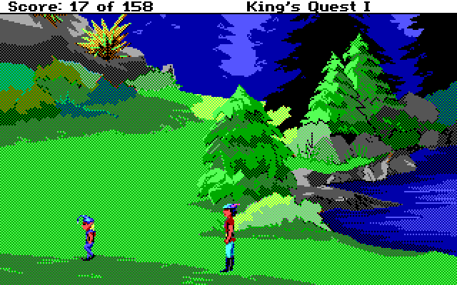 Roberta Williams' King's Quest I: Quest for the Crown IBM PC/Compatibles Screenshot: There's an elf here...I wonder if he's friendly?