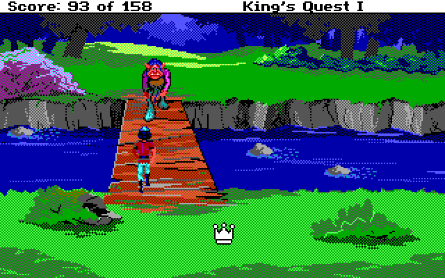 Roberta Williams' King's Quest I: Quest for the Crown IBM PC/Compatibles Screenshot: A mean old troll guards this bridge.