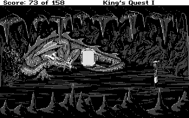 Roberta Williams' King's Quest I: Quest for the Crown IBM PC/Compatibles Screenshot: A dragon guards the magic mirror! What will you do?