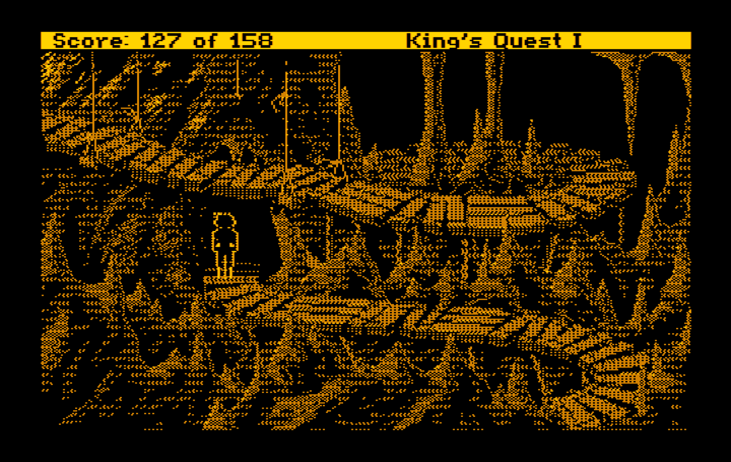 Roberta Williams' King's Quest I: Quest for the Crown IBM PC/Compatibles Screenshot: A magic ring made me invisible, now I need to escape by going down this long path.