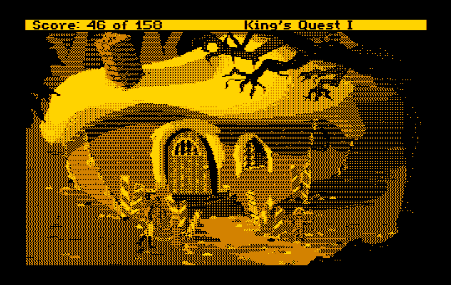 Roberta Williams' King's Quest I: Quest for the Crown IBM PC/Compatibles Screenshot: A gingerbread house; be careful, a mean old witch lives here!